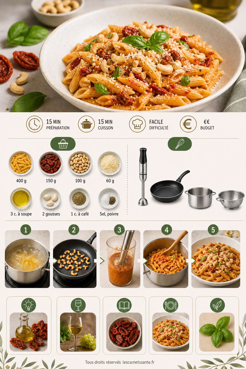 Fiche recette Recette de p&acirc;tes aux tomates s&eacute;ch&eacute;es et noix de cajou
