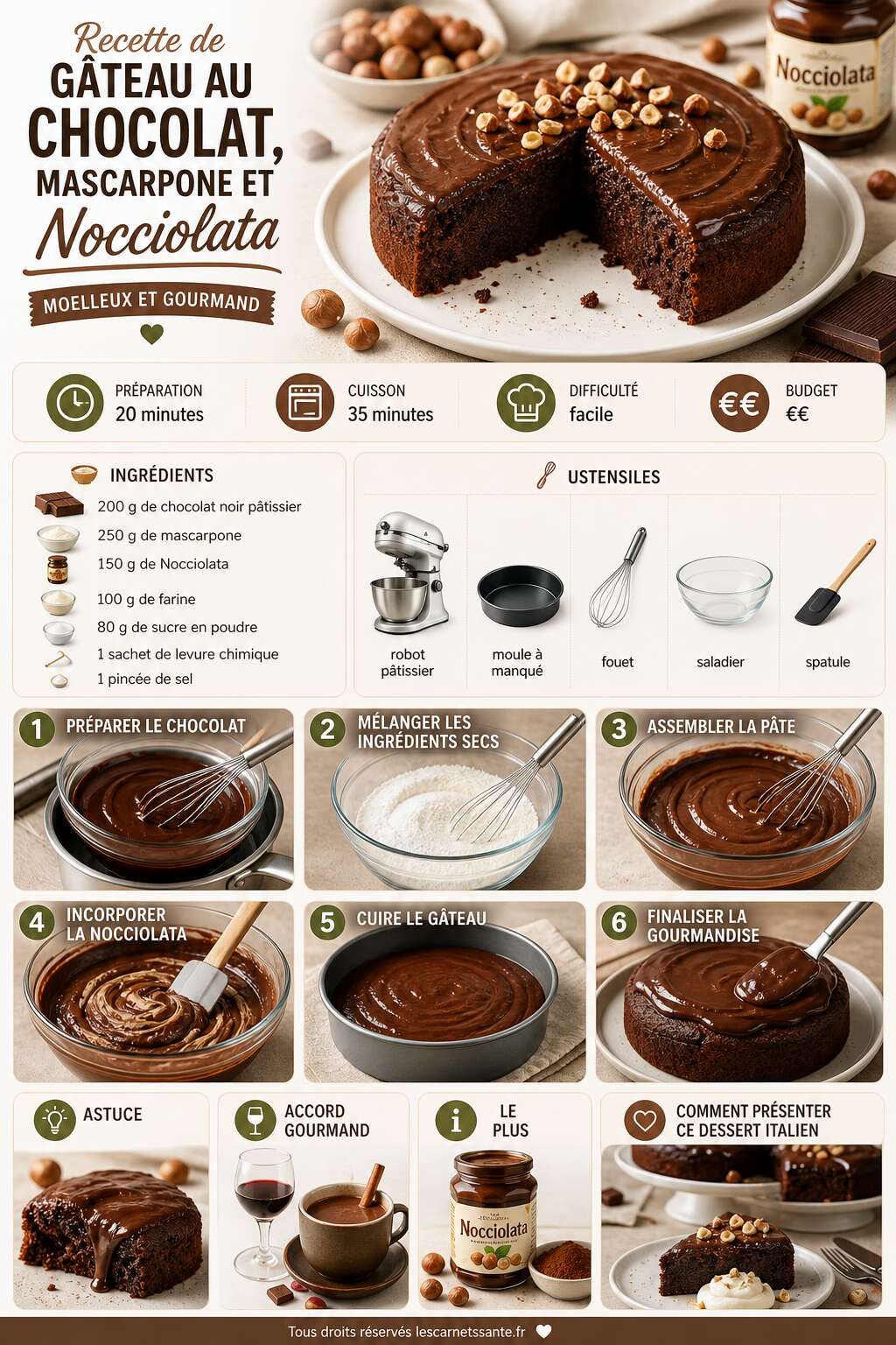 Fiche recette Recette de gâteau au chocolat, mascarpone et Nocciolata : moelleux et gourmand Fiche recette Recette de gâteau au chocolat, mascarpone et Nocciolata : moelleux et gourmand