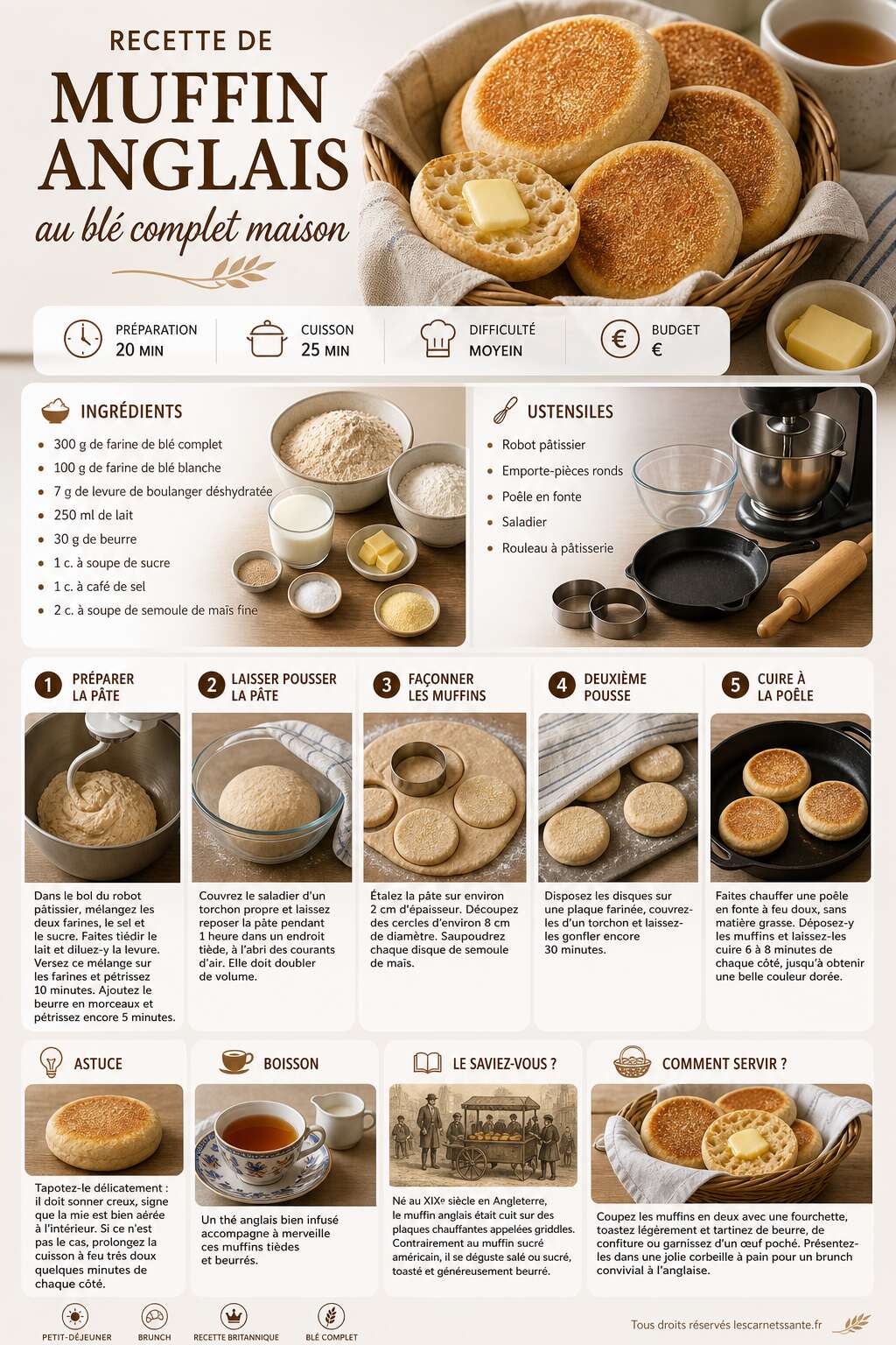 Fiche recette Recette de muffin anglais au blé complet maison Fiche recette Recette de muffin anglais au blé complet maison