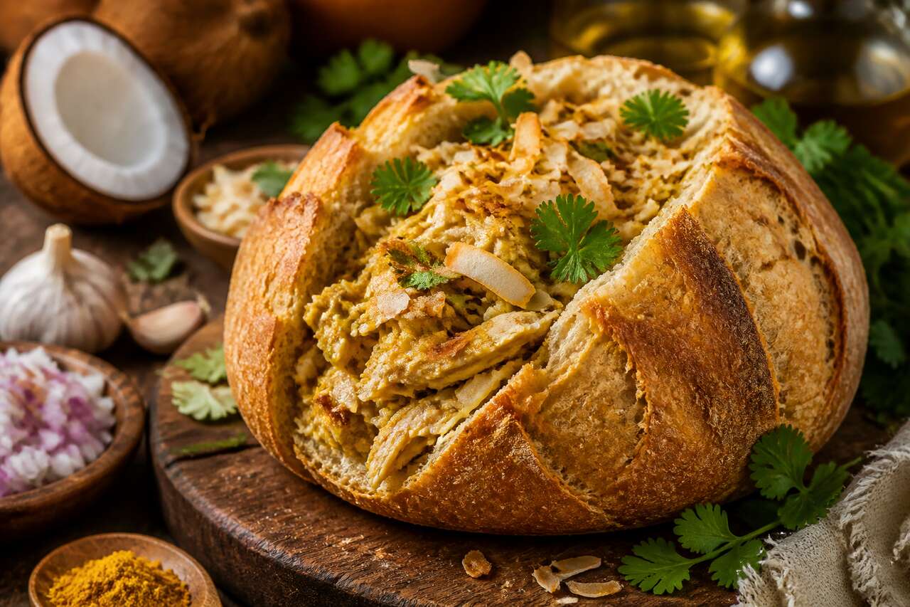 Recette de pain farci au poulet et coco au four