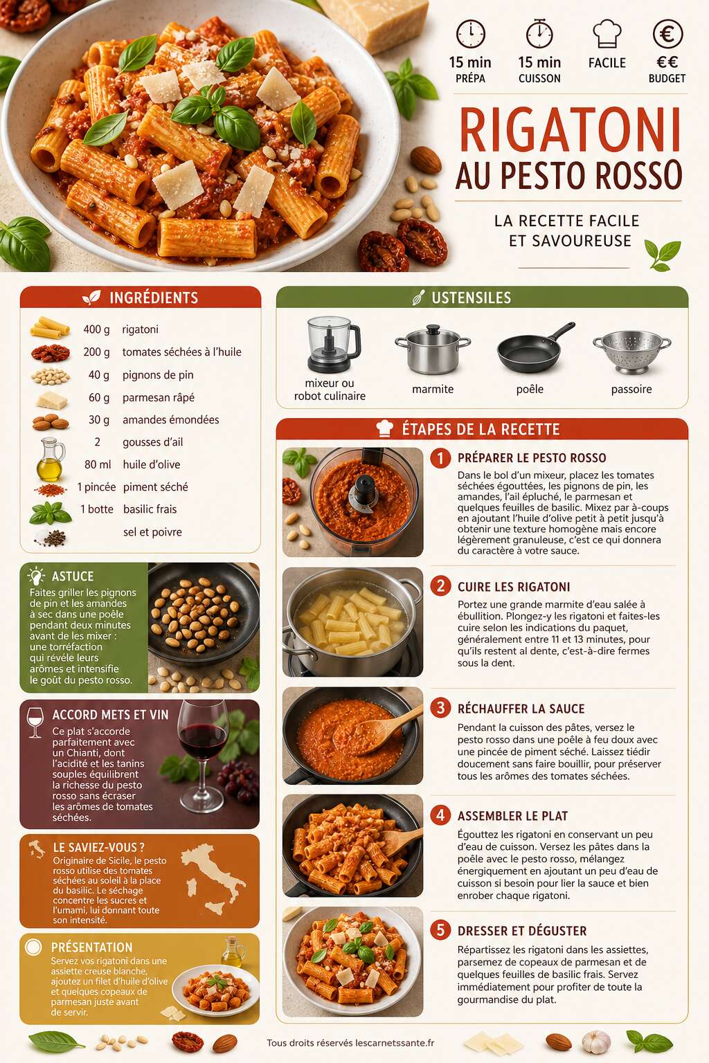 Fiche recette Rigatoni au pesto rosso : la recette facile et savoureuse