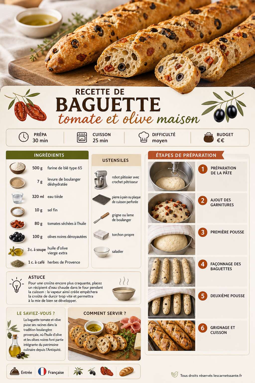 Fiche recette Recette de baguette tomate et olive maison