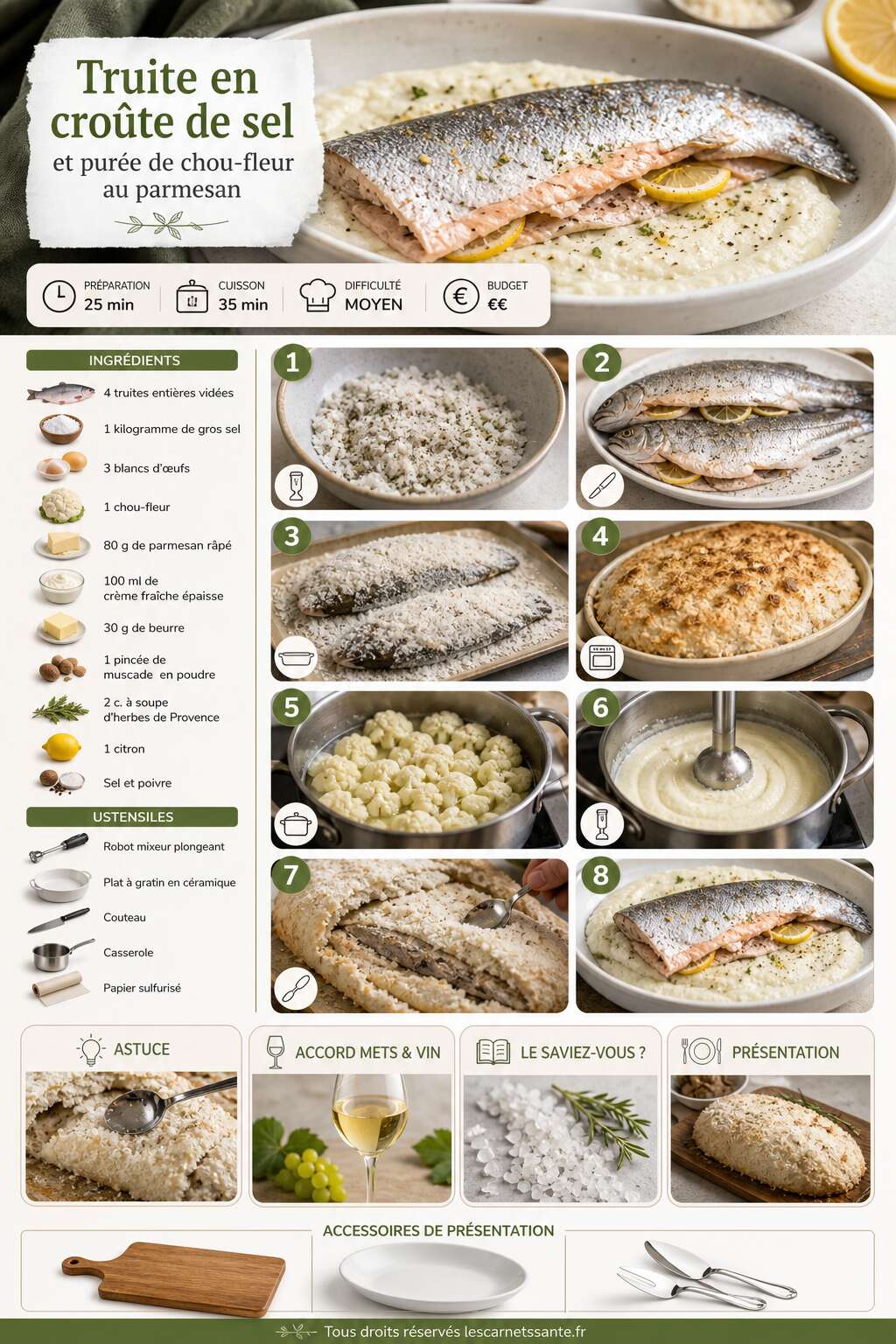 Fiche recette Recette de truite en croûte de sel et purée de chou-fleur au parmesan Fiche recette Recette de truite en croûte de sel et purée de chou-fleur au parmesan