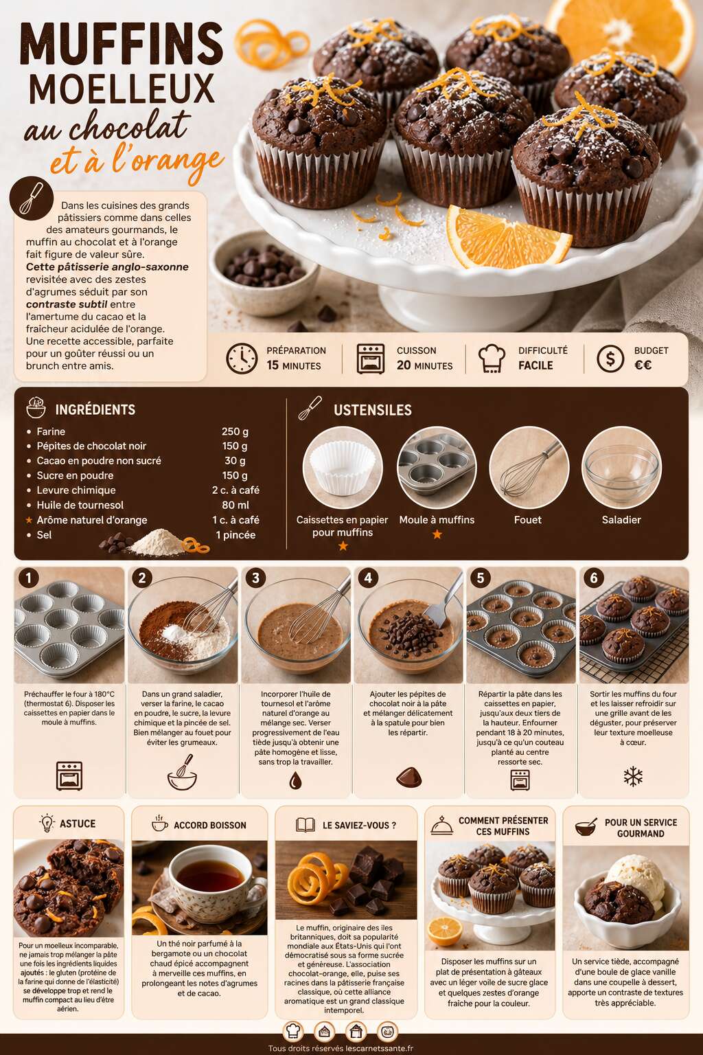 Fiche recette Recette de muffins moelleux au chocolat et à l'orange Fiche recette Recette de muffins moelleux au chocolat et à l'orange