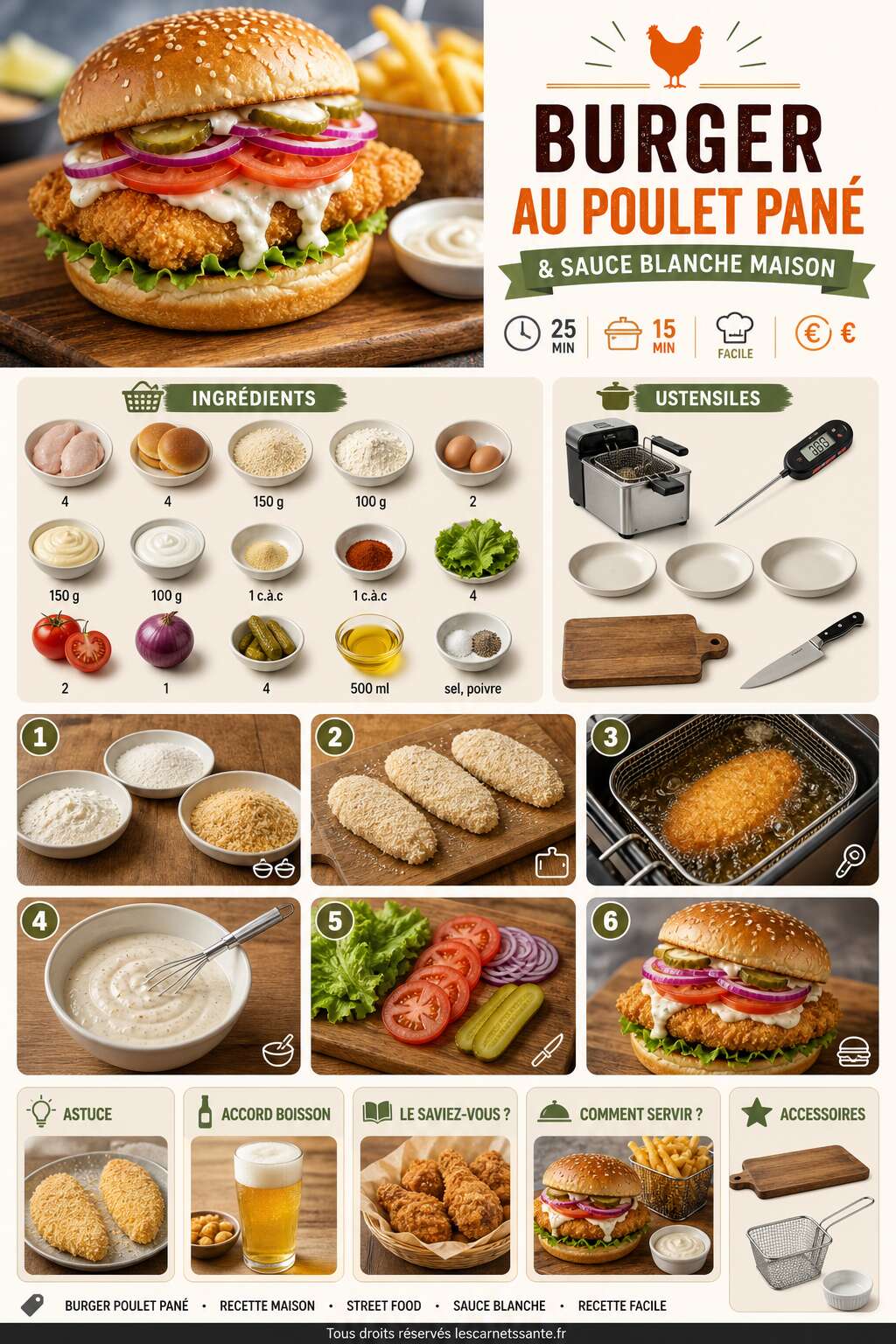 Fiche recette Recette du burger au poulet pané et sauce blanche maison Fiche recette Recette du burger au poulet pané et sauce blanche maison