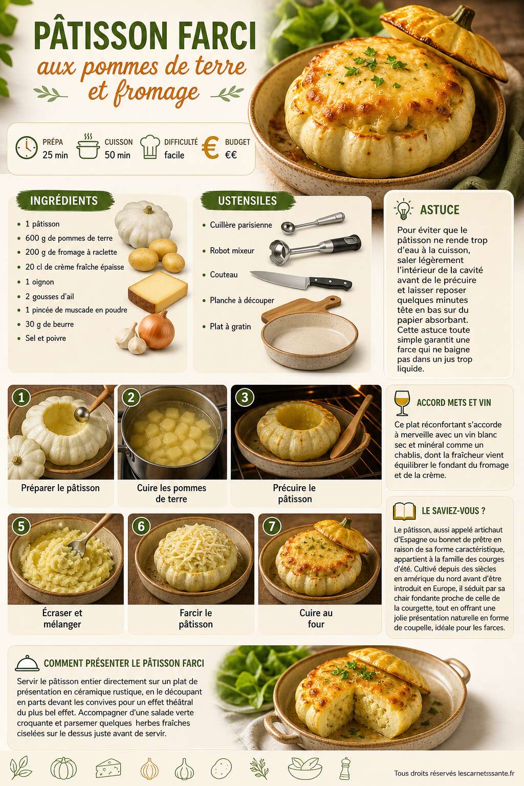 Fiche recette Recette de pâtisson farci aux pommes de terre et fromage Fiche recette Recette de pâtisson farci aux pommes de terre et fromage