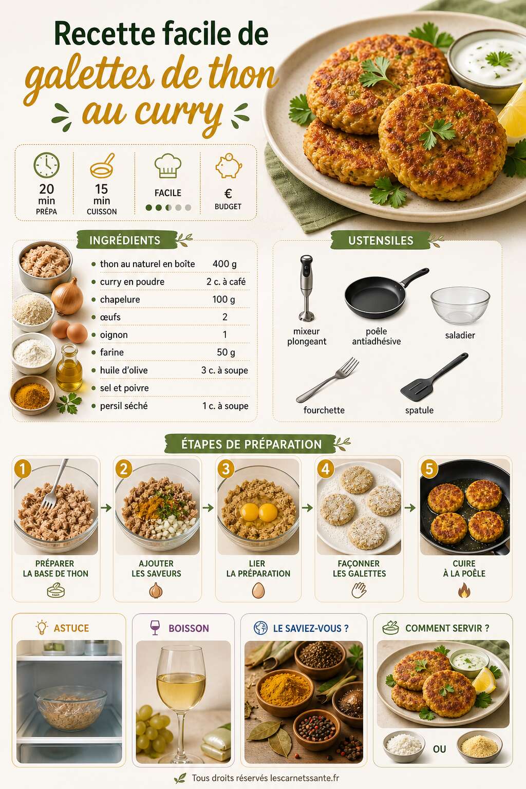 Fiche recette Recette facile de galettes de thon au curry Fiche recette Recette facile de galettes de thon au curry