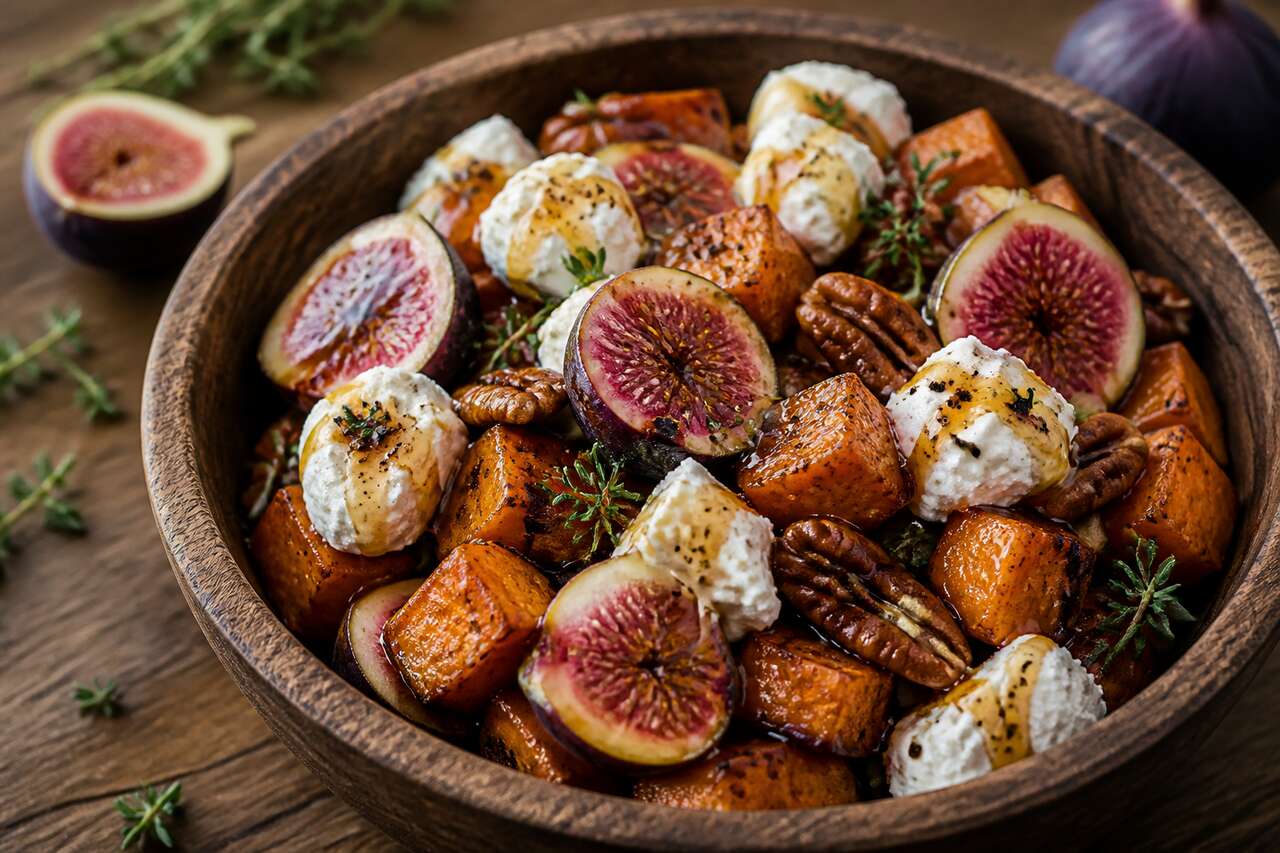 Recette de patate douce rôtie à la figue fraîche et au chèvre frais