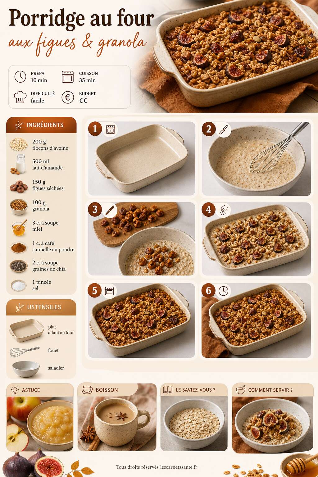 Fiche recette Recette de porridge au four aux figues et granola Fiche recette Recette de porridge au four aux figues et granola