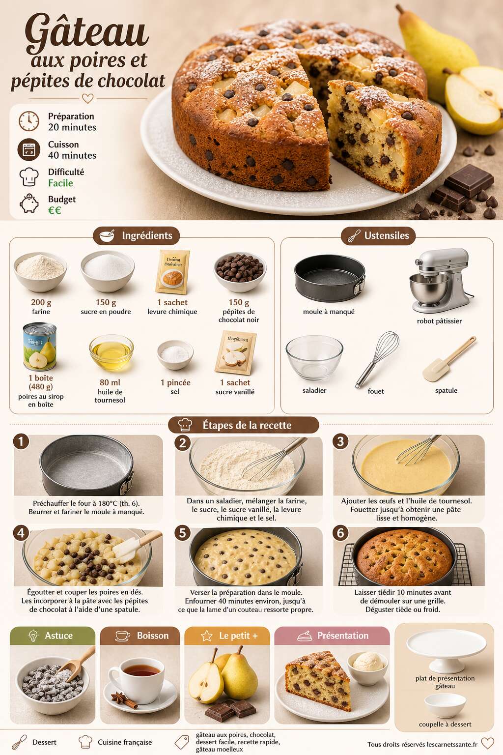Fiche recette Recette de g&acirc;teau aux poires et p&eacute;pites de chocolat