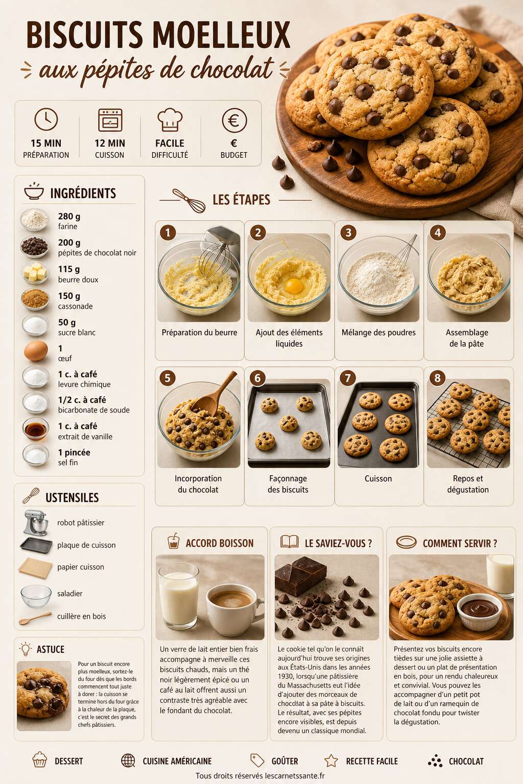 Fiche recette Recette de biscuits moelleux aux p&eacute;pites de chocolat