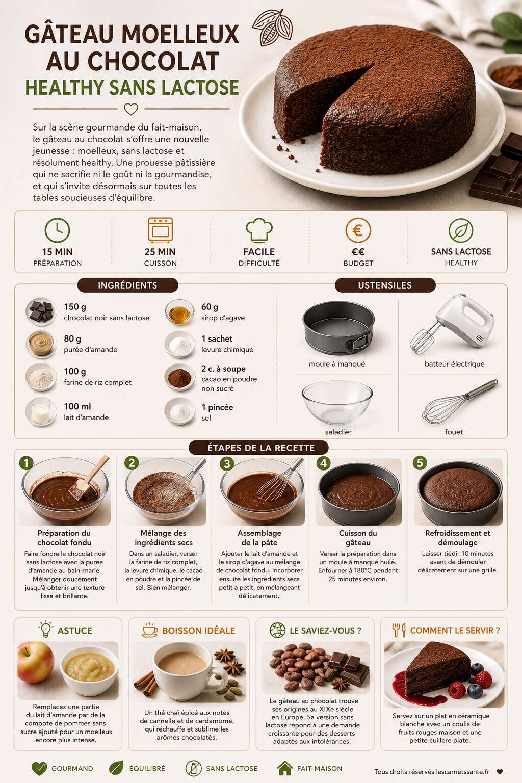 Fiche recette Recette du g&acirc;teau moelleux au chocolat healthy sans lactose