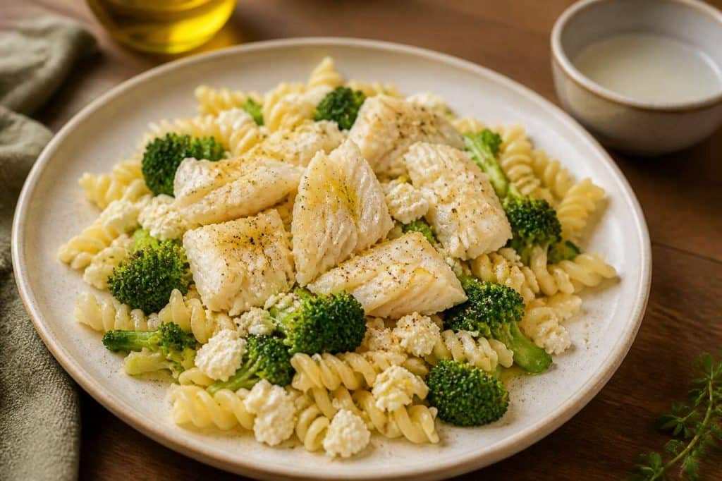 Recette de pâtes au chèvre, brocolis et filet de poisson