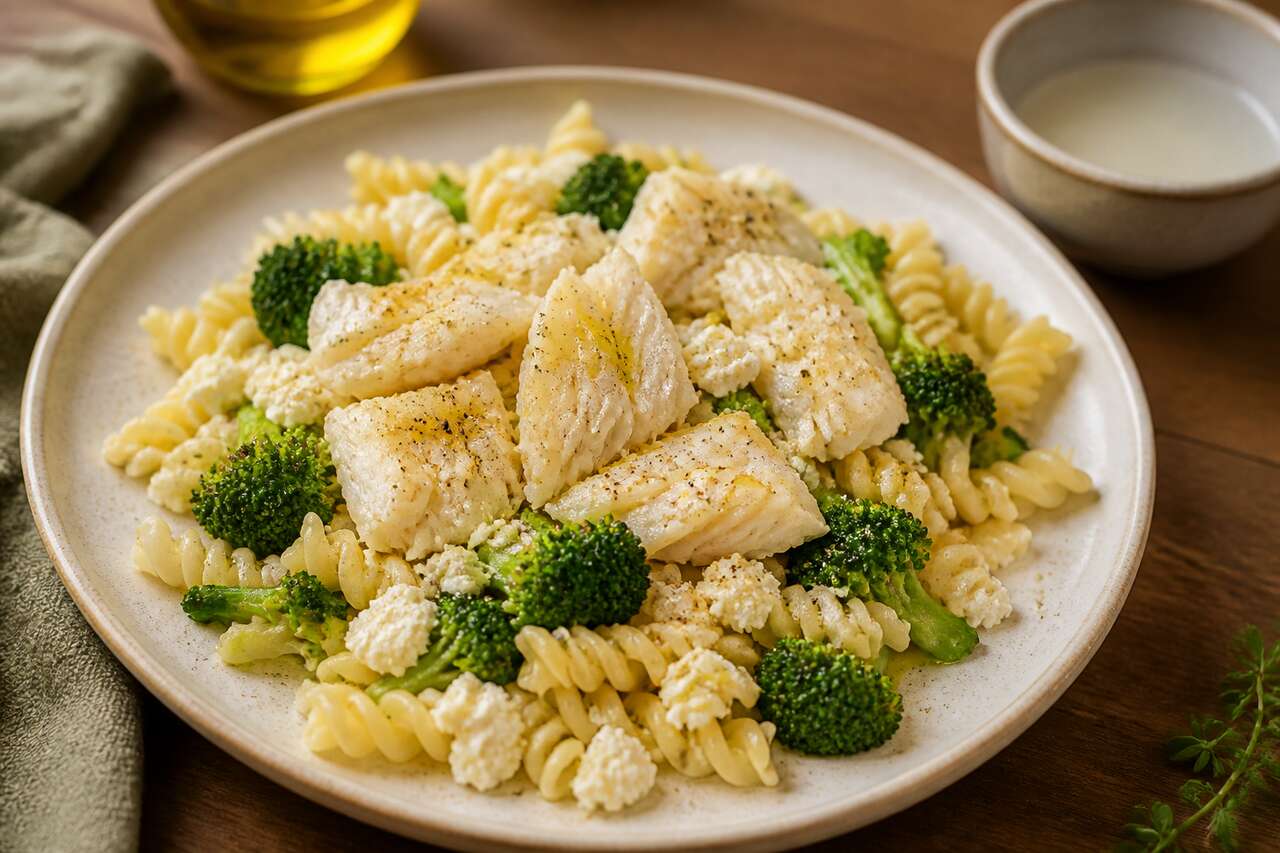 Recette de pâtes au chèvre, brocolis et filet de poisson
