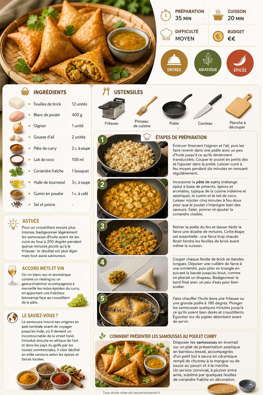 Fiche recette Recette de samoussas au poulet curry croustillants et savoureux