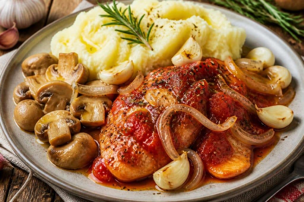 Recette de poulet sauce tomate, champignons et purée