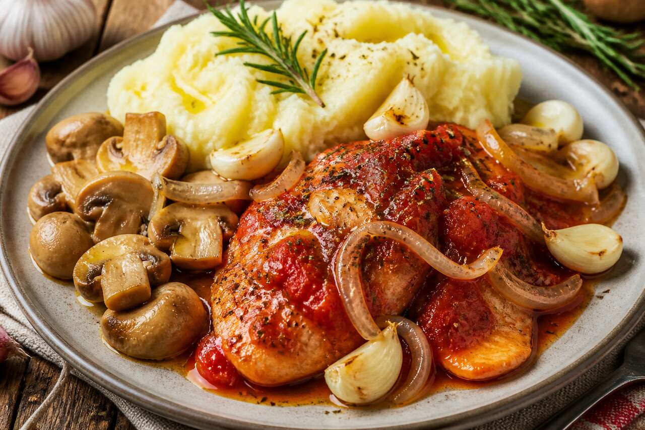 Recette de poulet sauce tomate, champignons et purée