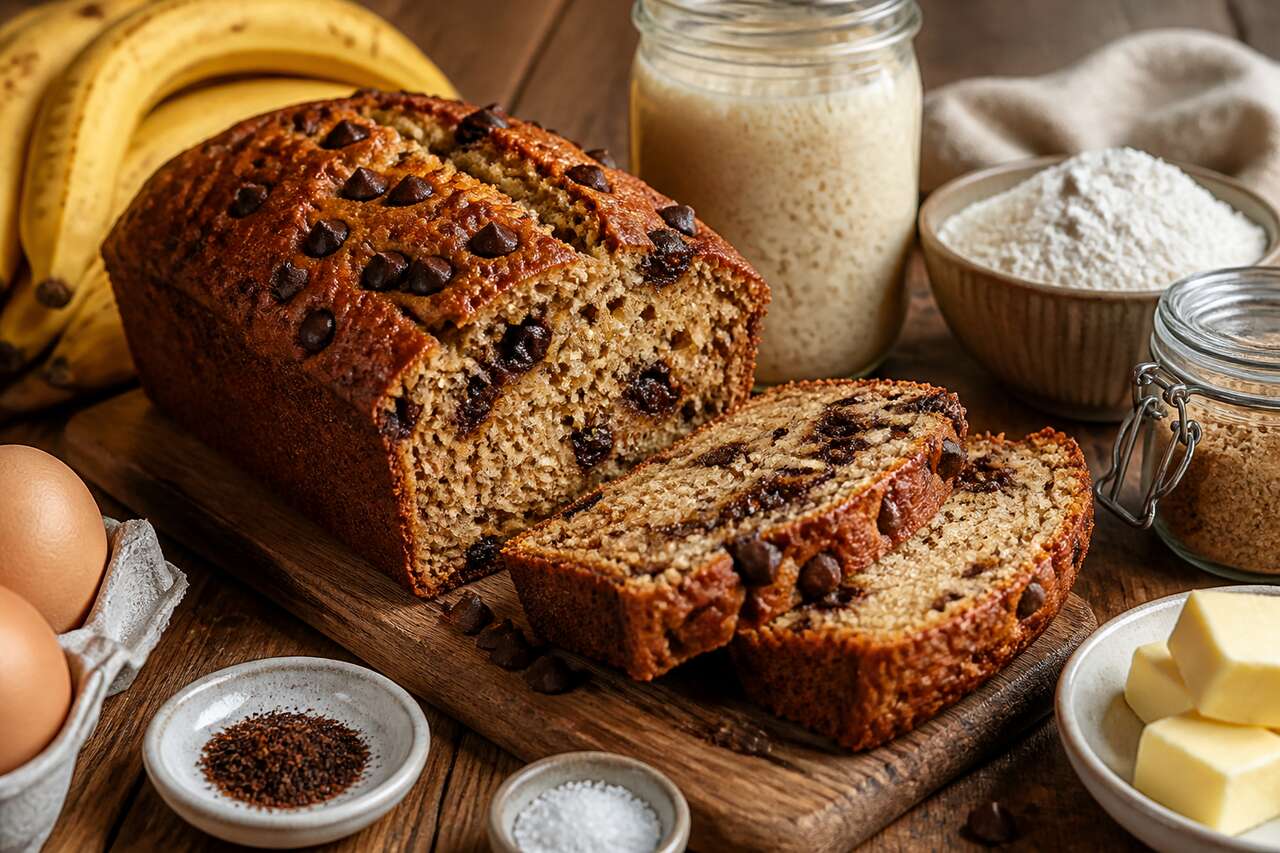 Recette du cake à la banane au levain et pépites de chocolat