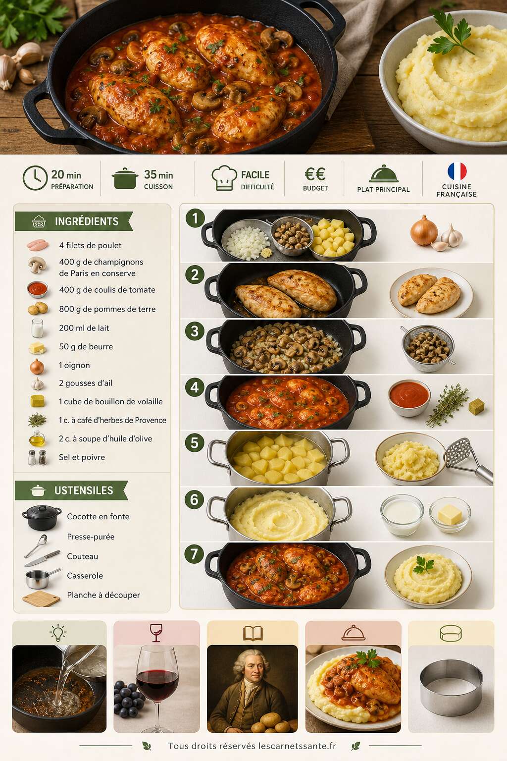 Fiche recette Recette de poulet sauce tomate, champignons et pur&eacute;e