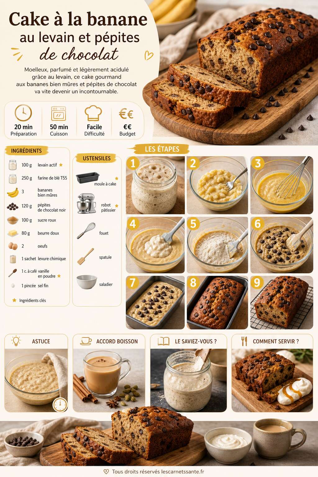 Fiche recette Recette du cake &agrave; la banane au levain et p&eacute;pites de chocolat