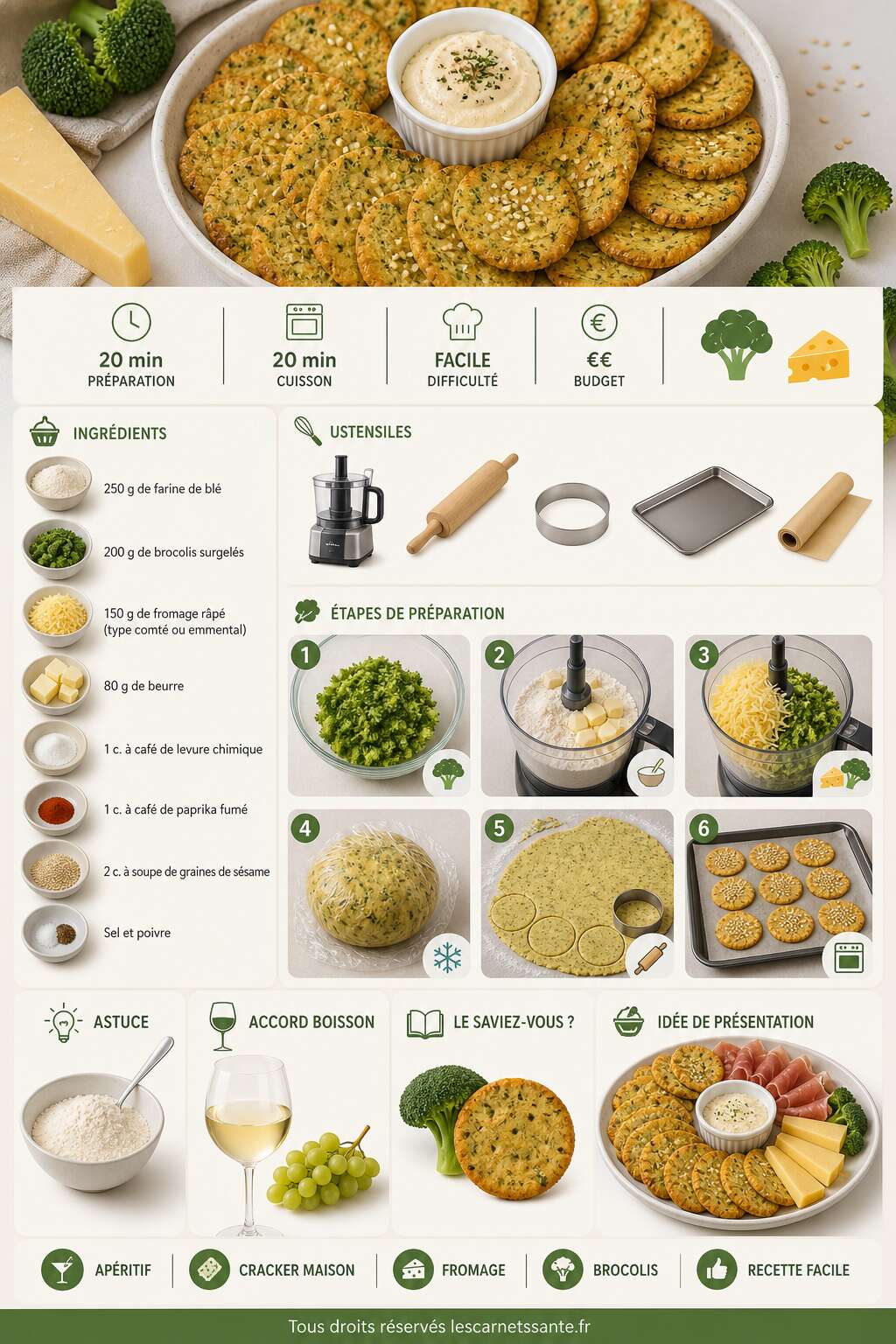 Fiche recette Recette de crackers au fromage et brocolis