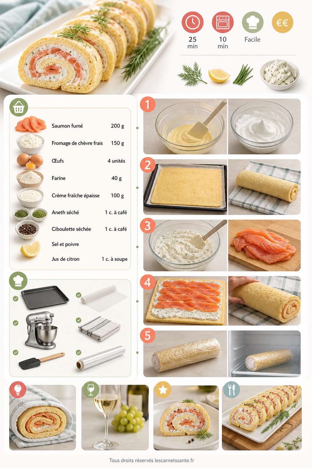 Fiche recette Roul&eacute; au saumon et ch&egrave;vre frais : la recette fra&icirc;che et gourmande