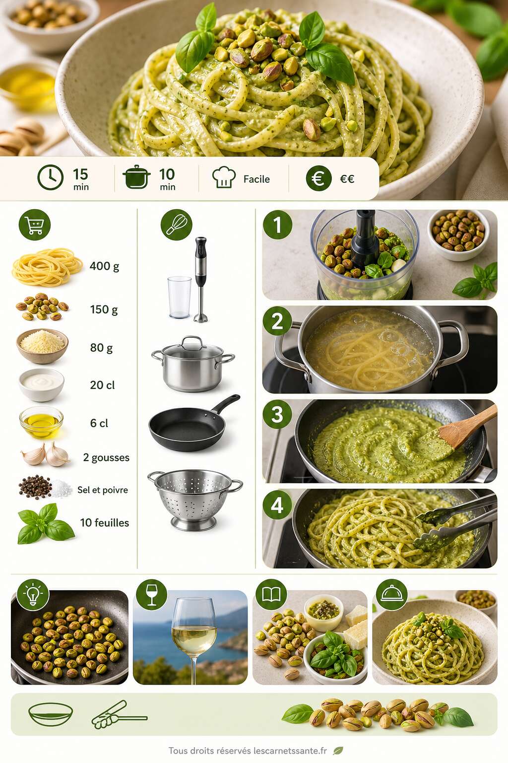Fiche recette Pâtes au pesto crémeux à la pistache : la recette facile Fiche recette Pâtes au pesto crémeux à la pistache : la recette facile