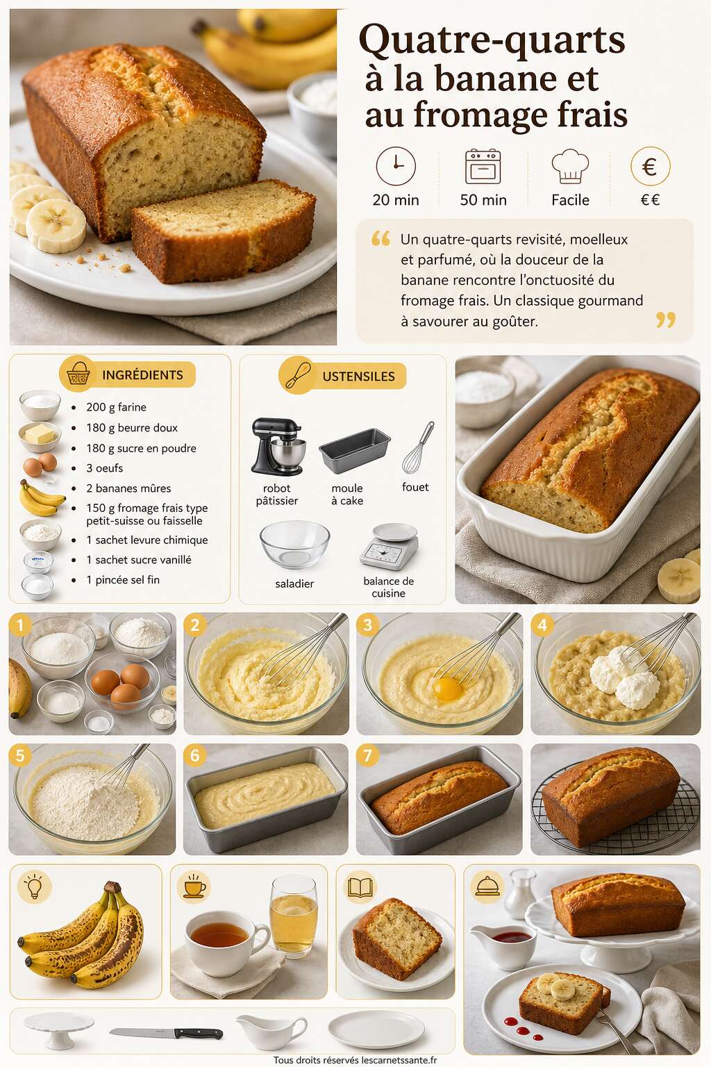 Fiche recette Recette du quatre-quarts à la banane et au fromage frais Fiche recette Recette du quatre-quarts à la banane et au fromage frais