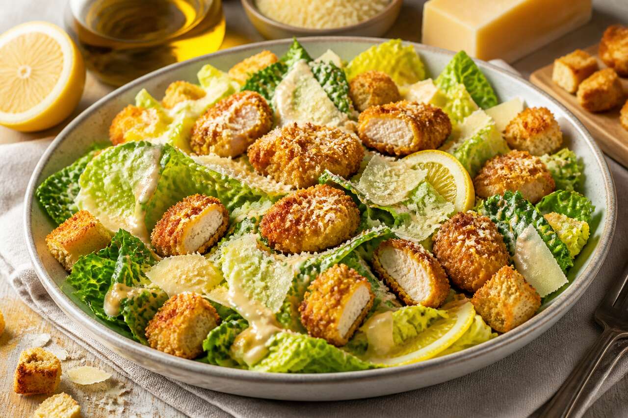 Recette de salade César avec sauce parmesan et nuggets maison