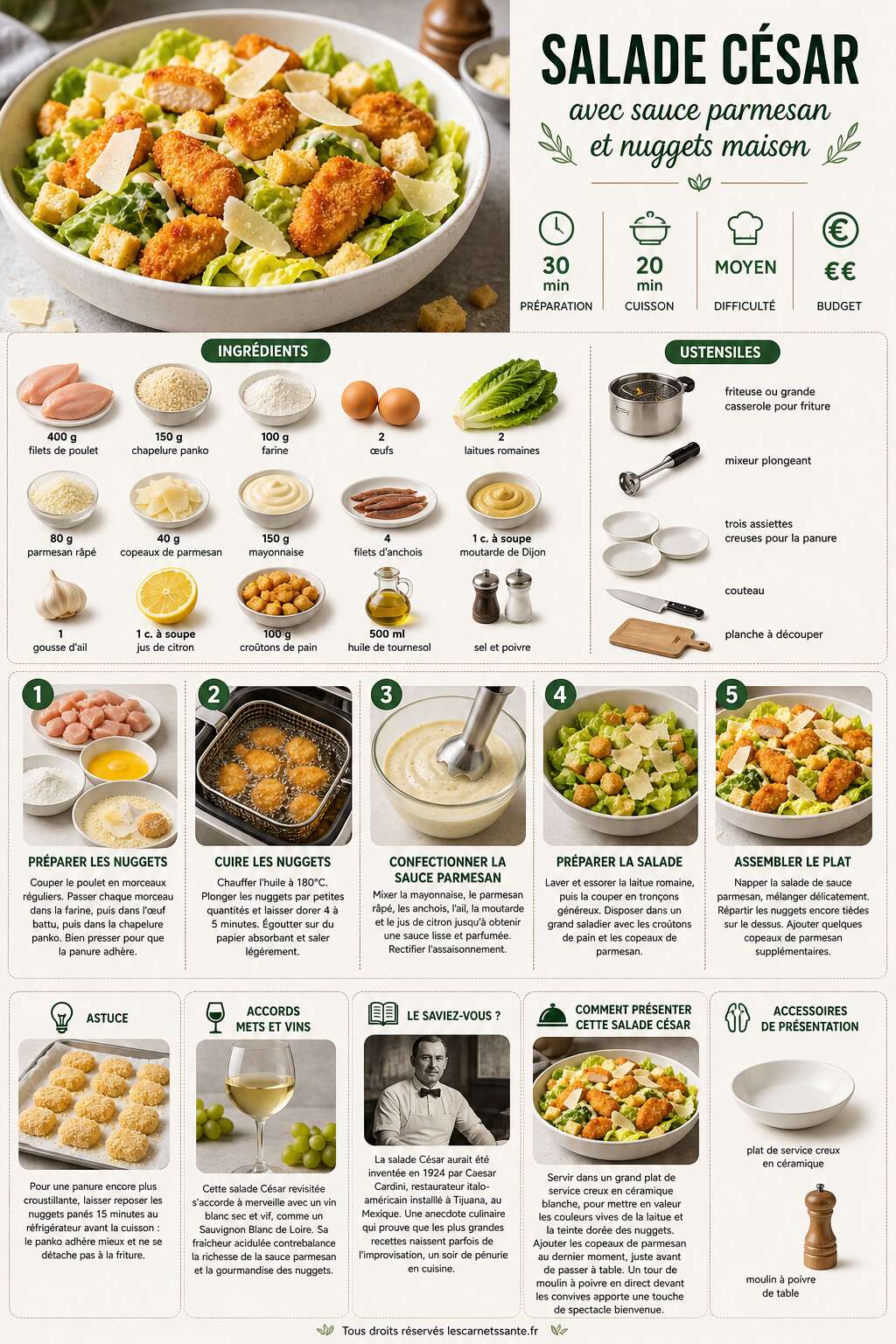 Fiche recette Recette de salade César avec sauce parmesan et nuggets maison Fiche recette Recette de salade César avec sauce parmesan et nuggets maison