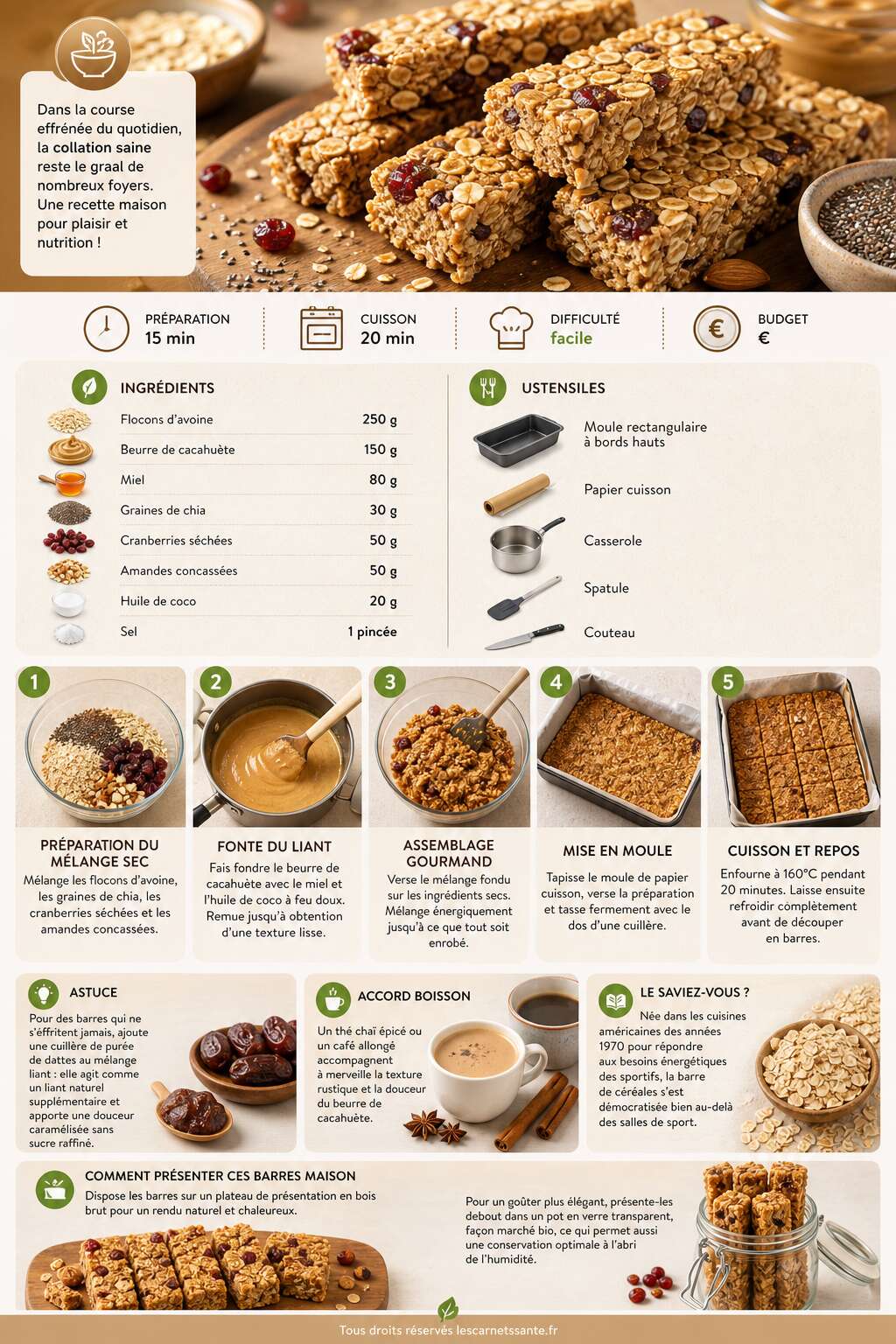 Fiche recette Recette de barres de c&eacute;r&eacute;ales healthy &agrave; l'avoine et au beurre de cacahu&egrave;te