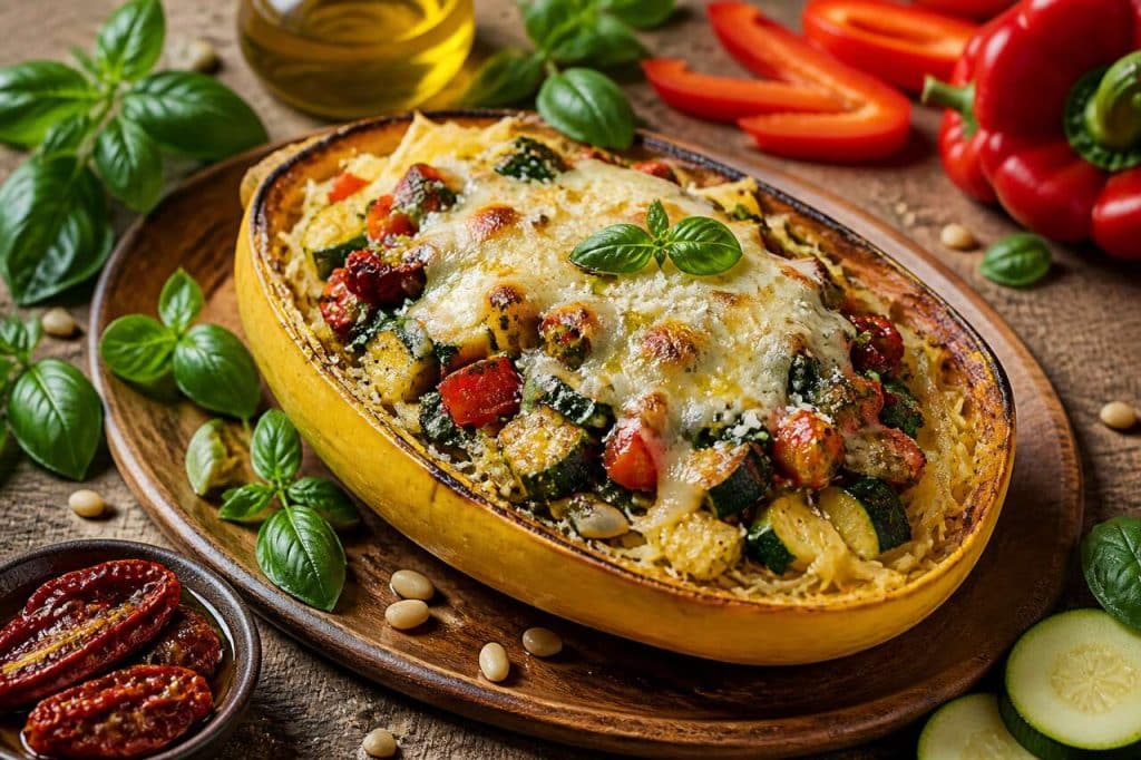 Recette de courge spaghetti farcie aux légumes et pesto