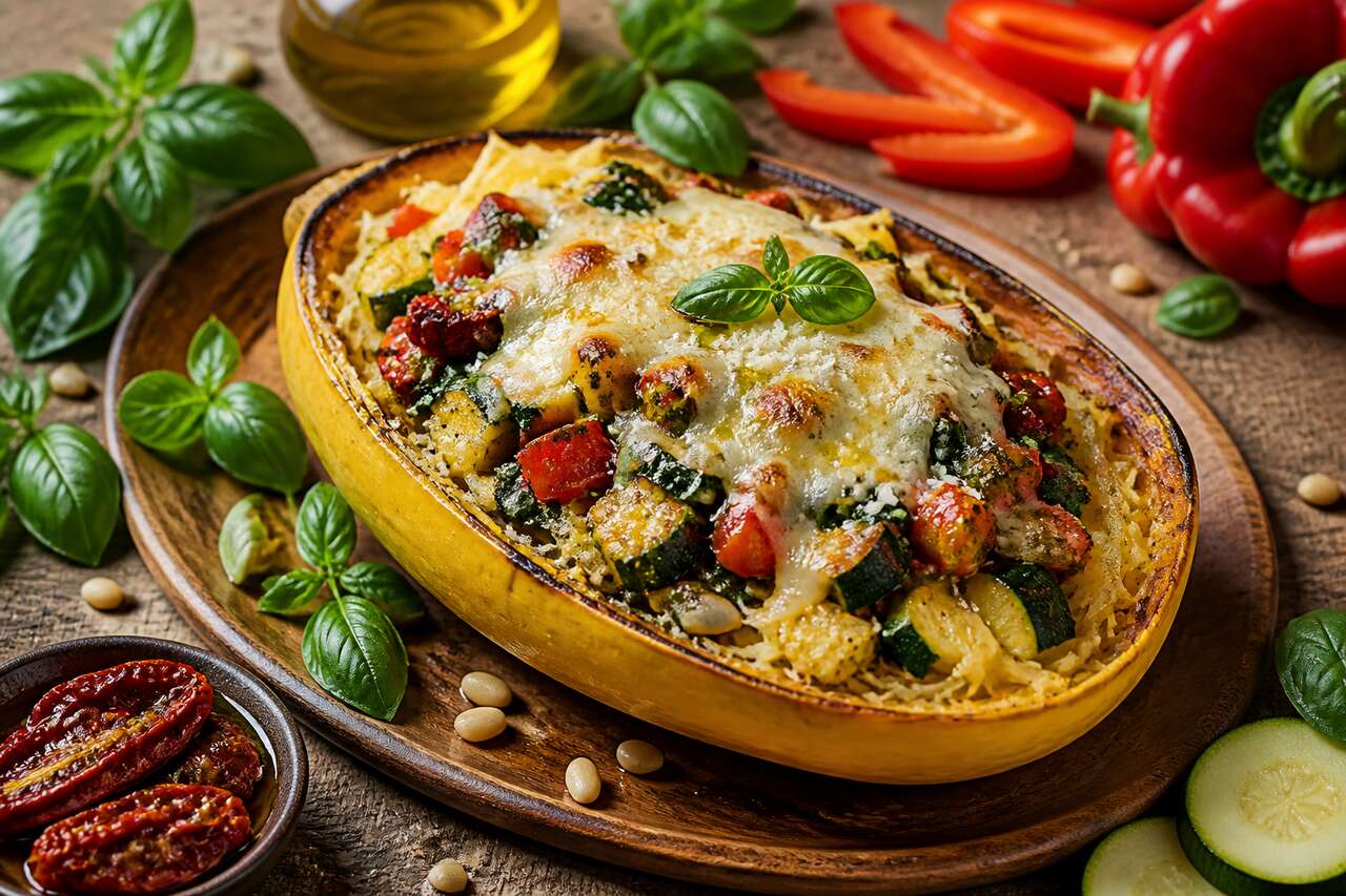 Recette de courge spaghetti farcie aux légumes et pesto