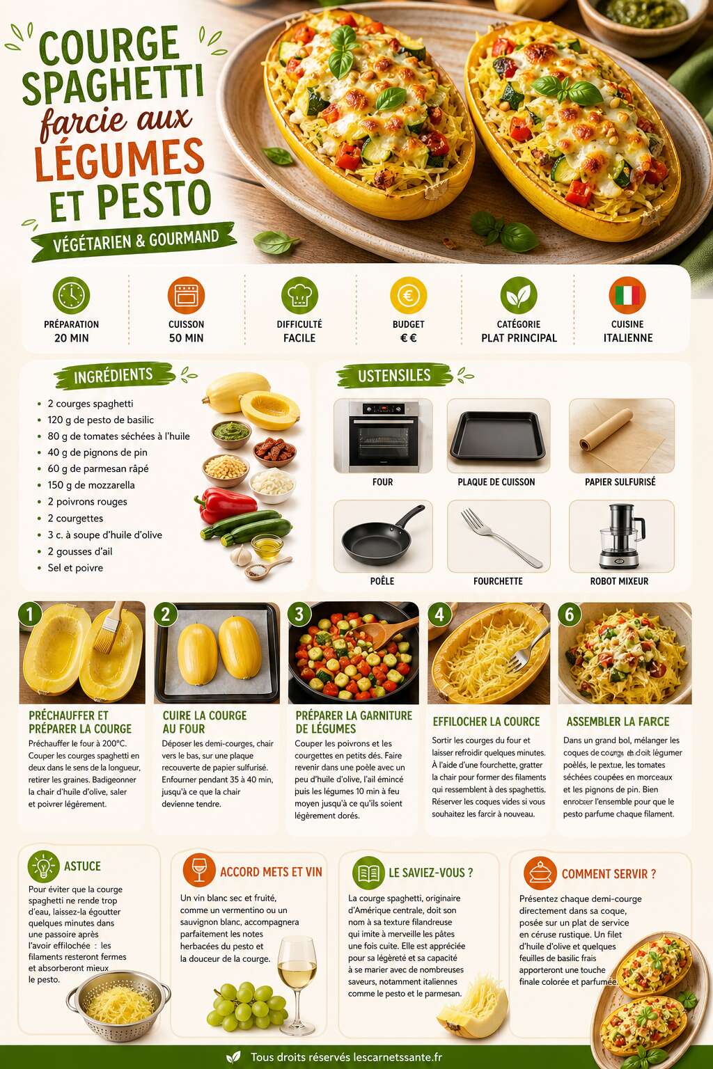 Fiche recette Recette de courge spaghetti farcie aux légumes et pesto Fiche recette Recette de courge spaghetti farcie aux légumes et pesto