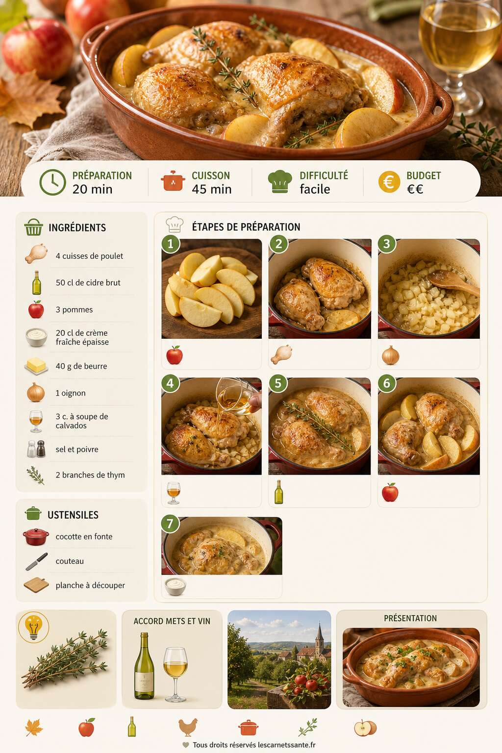 Fiche recette Recette de poulet au cidre et aux pommes Fiche recette Recette de poulet au cidre et aux pommes