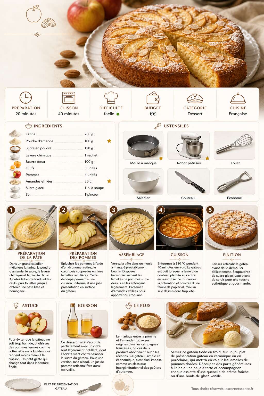 Fiche recette Recette du gâteau aux pommes et à l'amande Fiche recette Recette du gâteau aux pommes et à l'amande