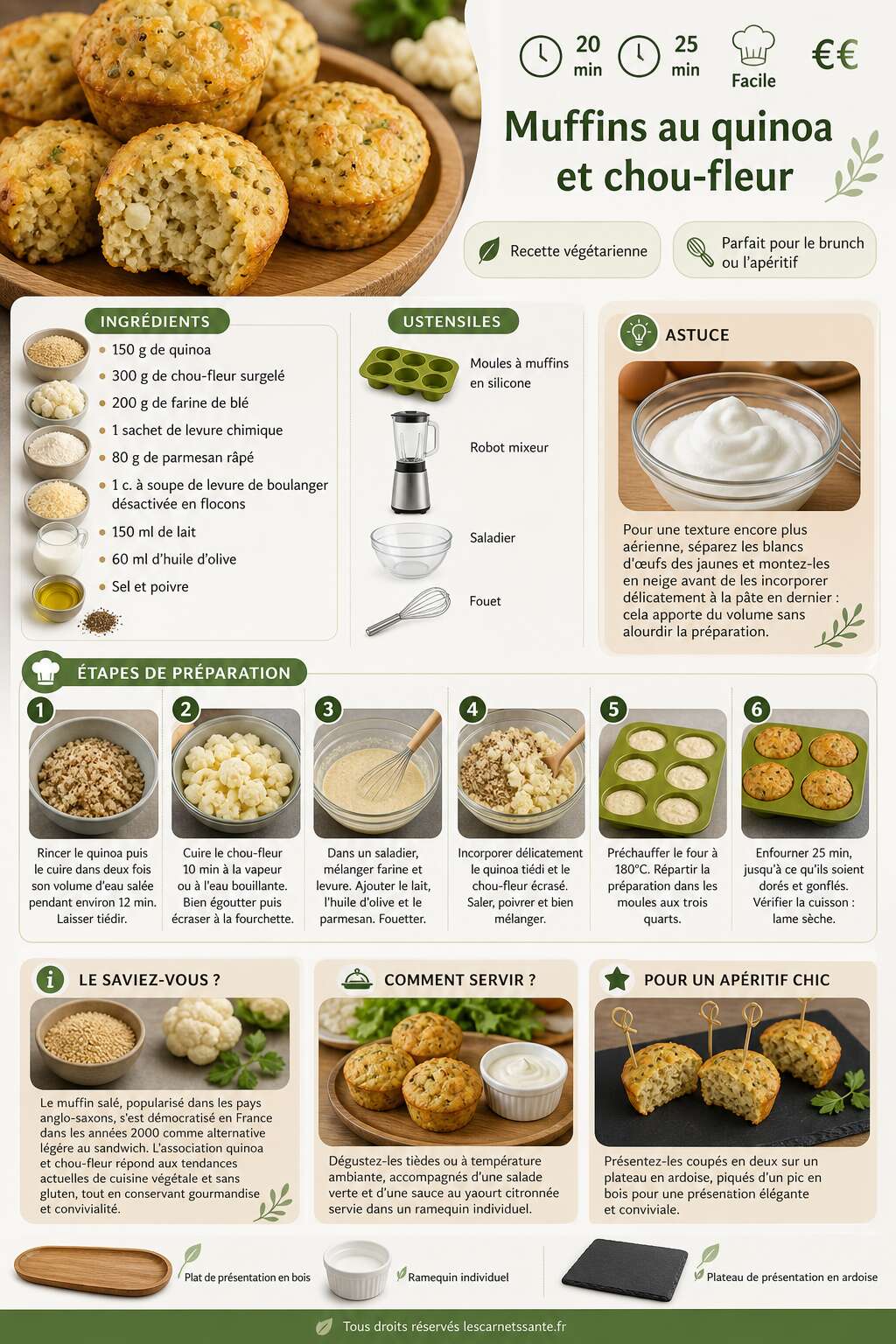 Fiche recette Recette de muffins au quinoa et chou-fleur Fiche recette Recette de muffins au quinoa et chou-fleur