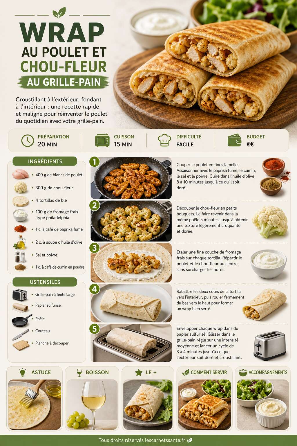 Fiche recette Recette de wrap au poulet et chou-fleur au grille-pain Fiche recette Recette de wrap au poulet et chou-fleur au grille-pain