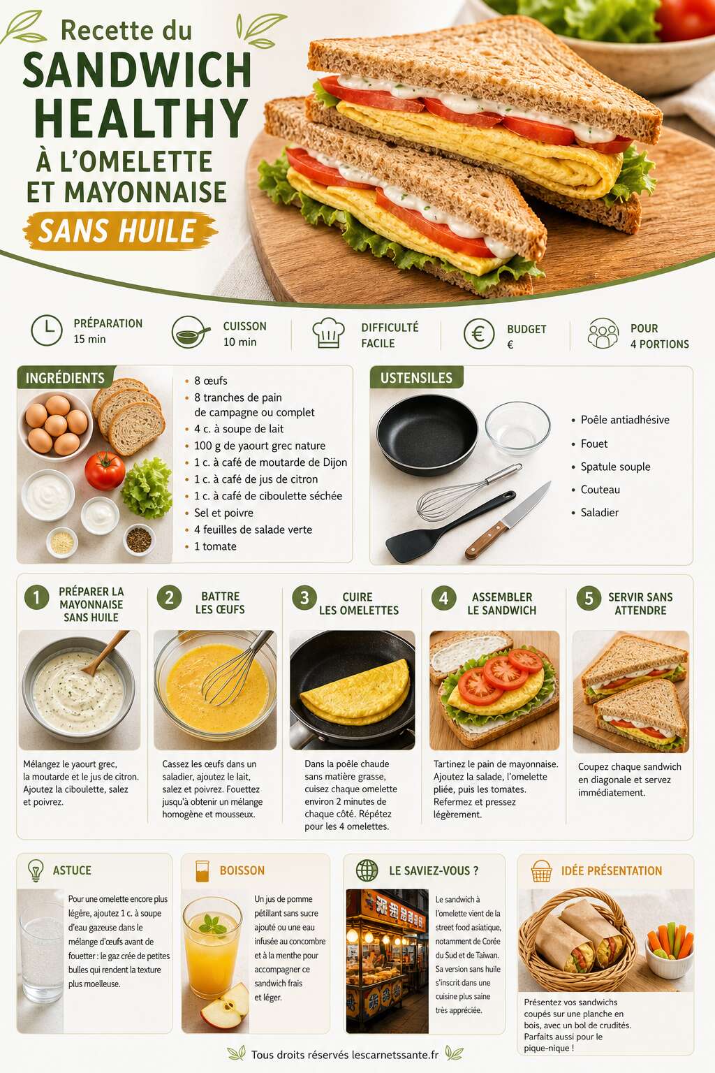 Fiche recette Recette du sandwich healthy à l'omelette et mayonnaise sans huile Fiche recette Recette du sandwich healthy à l'omelette et mayonnaise sans huile