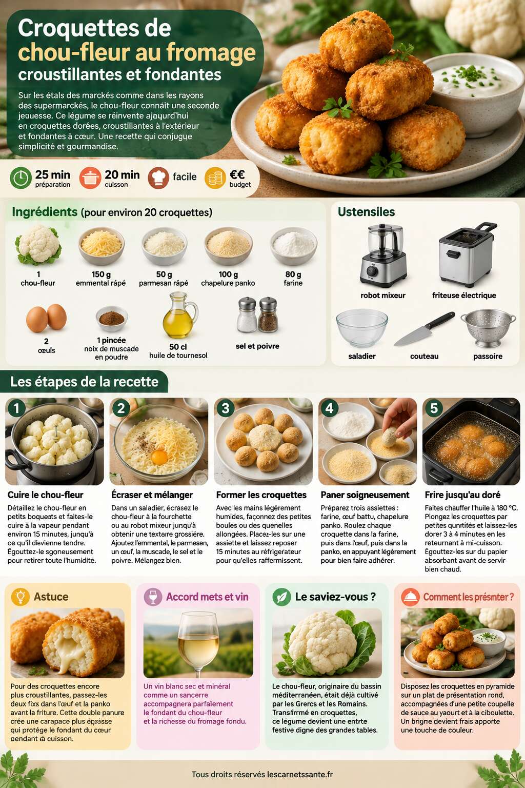 Fiche recette Recette de croquettes de chou-fleur au fromage croustillantes et fondantes Fiche recette Recette de croquettes de chou-fleur au fromage croustillantes et fondantes
