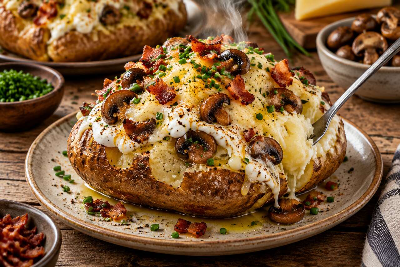 Recette de pomme de terre garnie aux champignons et au bacon