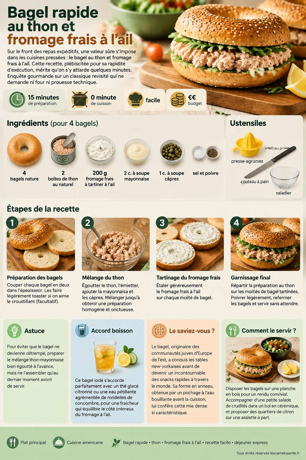 Fiche recette Recette de bagel rapide au thon et fromage frais à l'ail Fiche recette Recette de bagel rapide au thon et fromage frais à l'ail