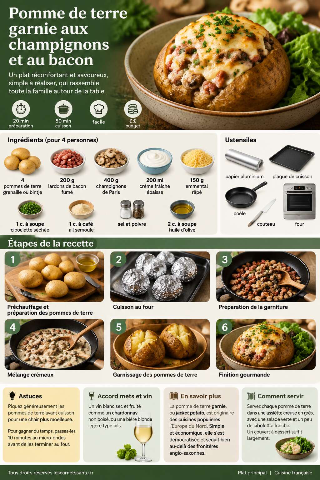 Fiche recette Recette de pomme de terre garnie aux champignons et au bacon Fiche recette Recette de pomme de terre garnie aux champignons et au bacon