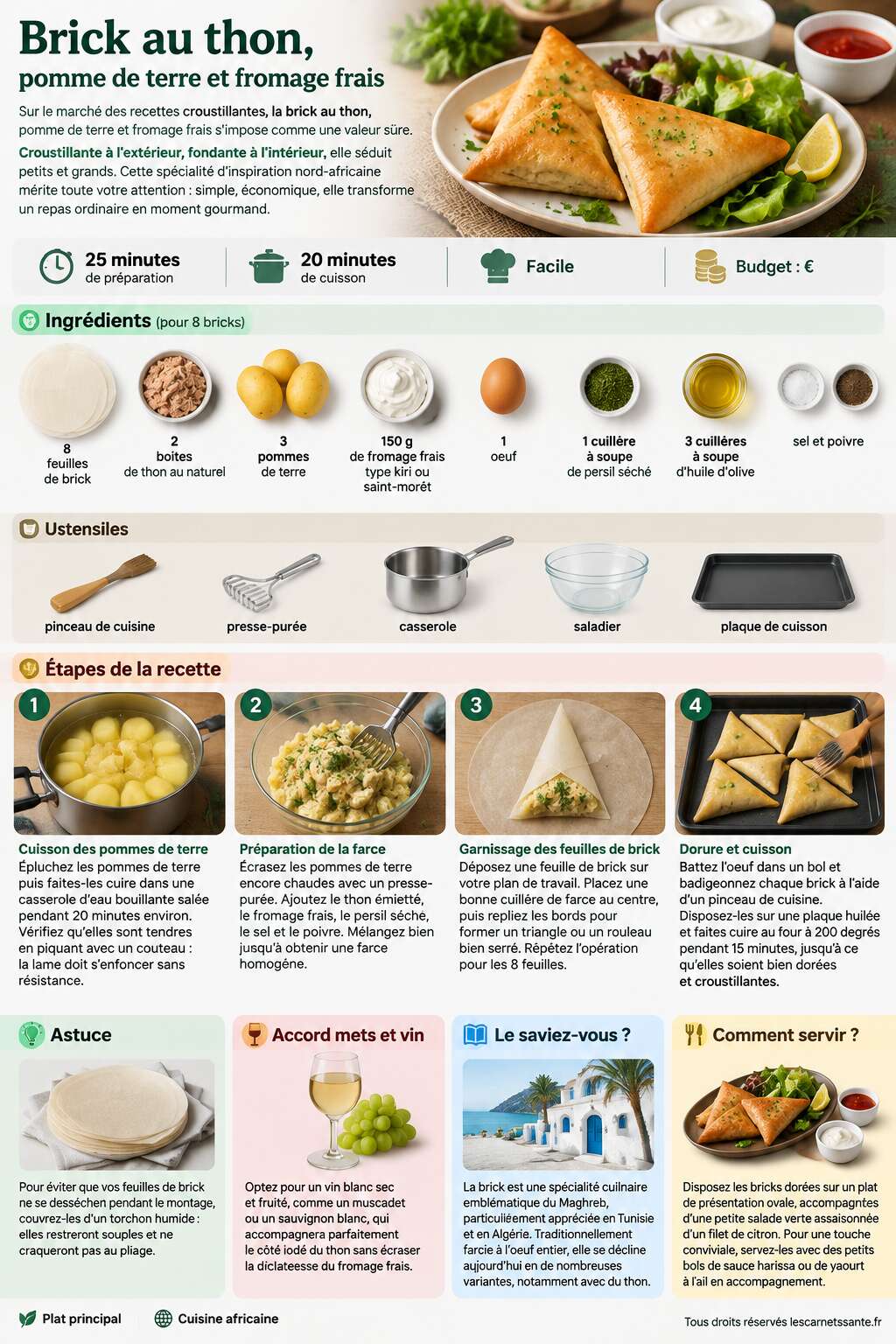 Fiche recette Recette de brick au thon, pomme de terre et fromage frais Fiche recette Recette de brick au thon, pomme de terre et fromage frais