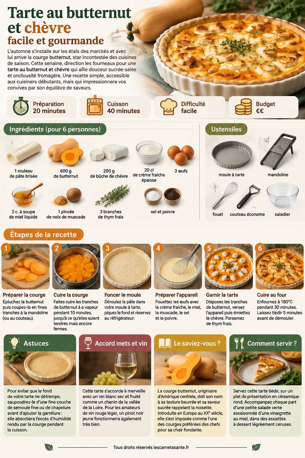 Fiche recette Recette de tarte au butternut et ch&egrave;vre facile et gourmande