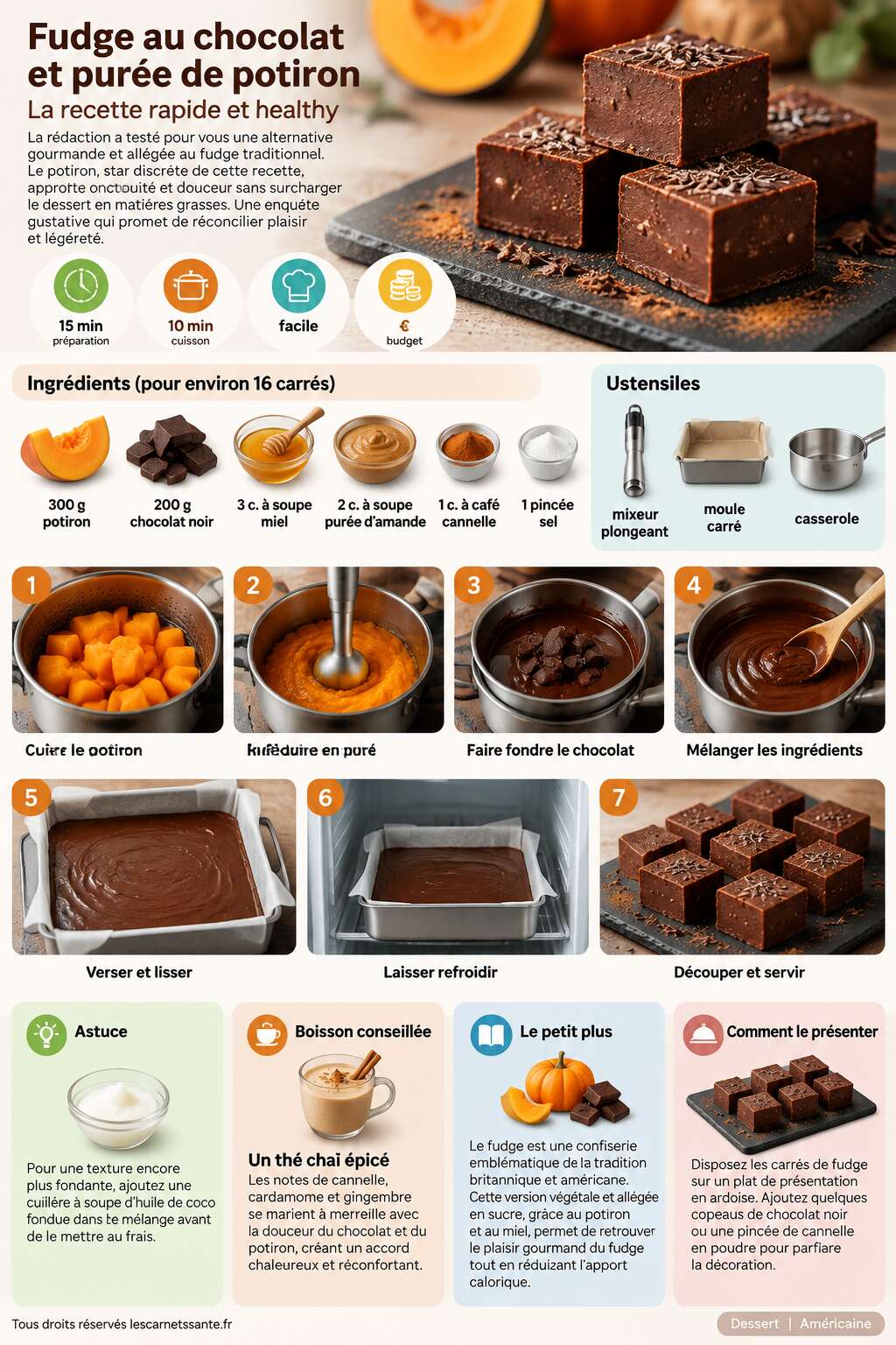 Fiche recette Fudge au chocolat et purée de potiron : la recette rapide et healthy Fiche recette Fudge au chocolat et purée de potiron : la recette rapide et healthy