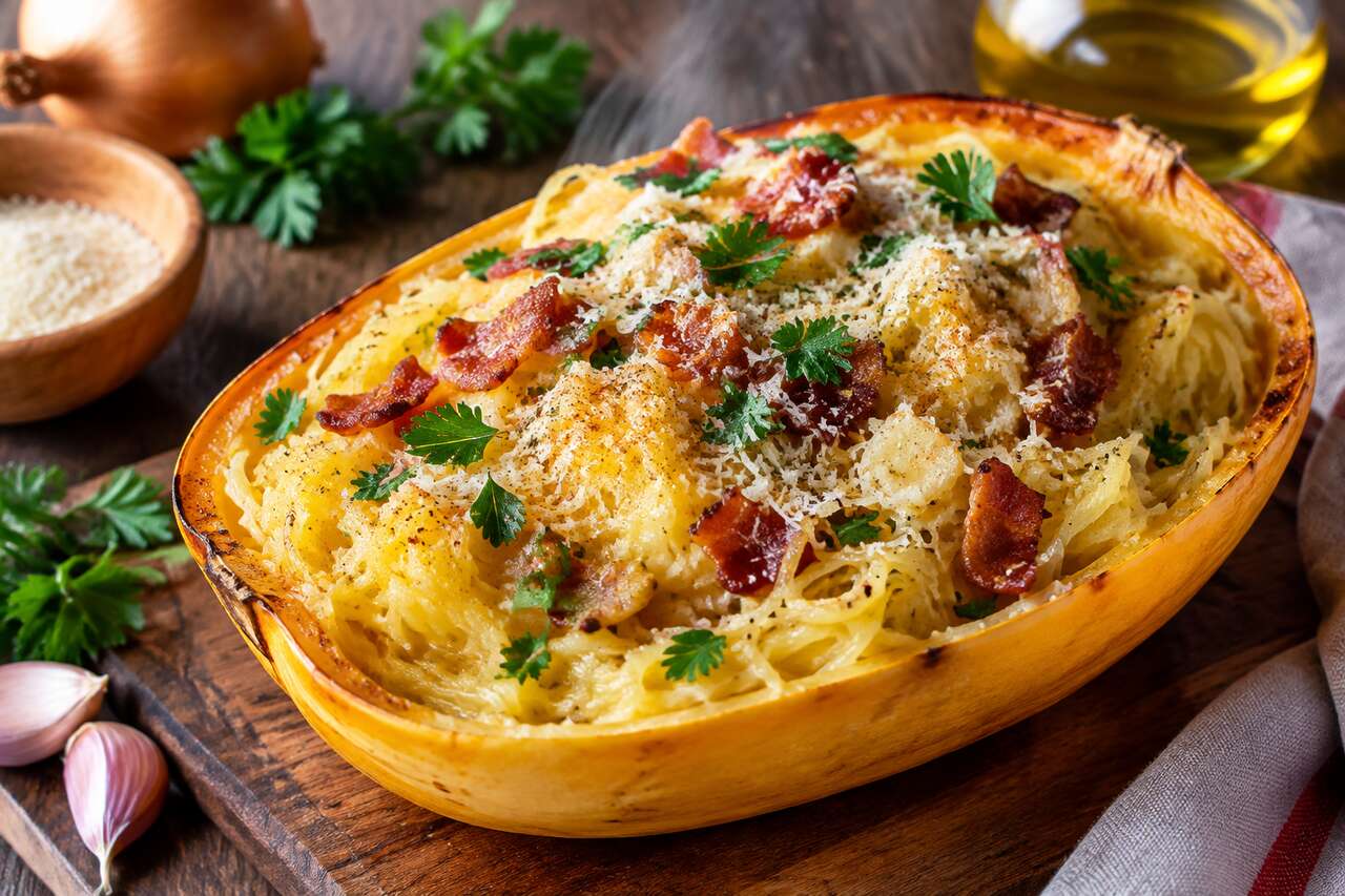 Recette de courge spaghetti au bacon et à la crème