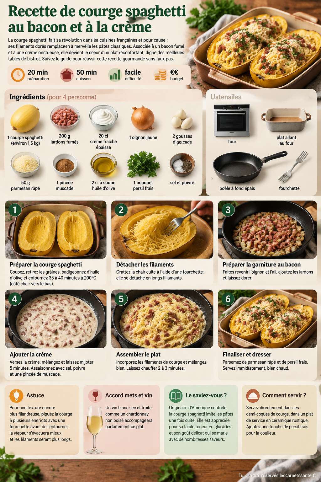 Fiche recette Recette de courge spaghetti au bacon et à la crème Fiche recette Recette de courge spaghetti au bacon et à la crème
