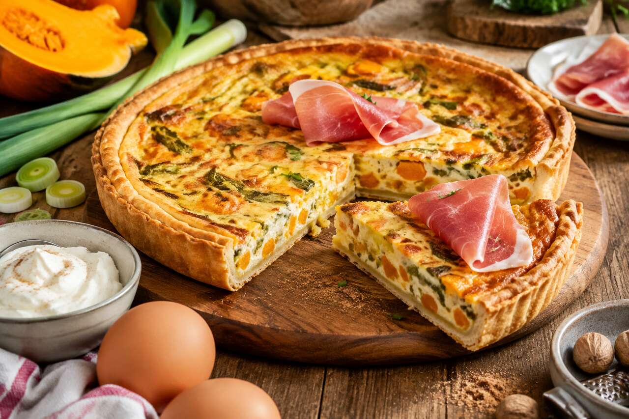 Recette de quiche au potiron, poireau et jambon cru