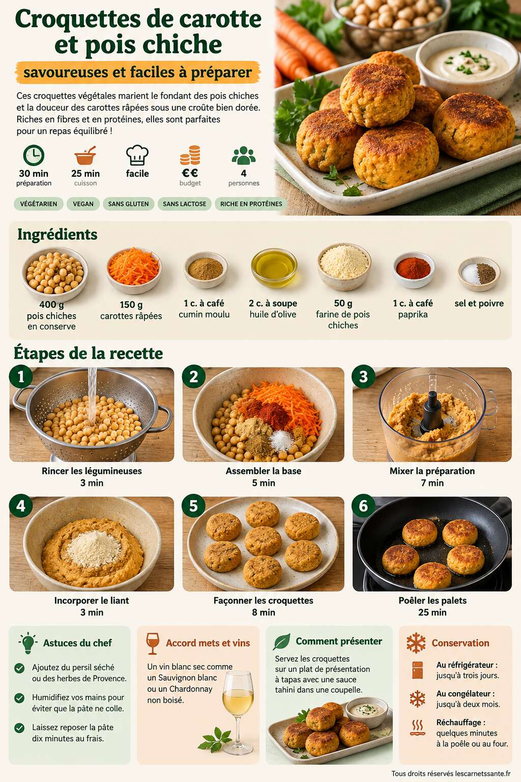 Fiche recette Recette de croquettes carotte et pois chiche : savoureuses et faciles à préparer Fiche recette Recette de croquettes carotte et pois chiche : savoureuses et faciles à préparer